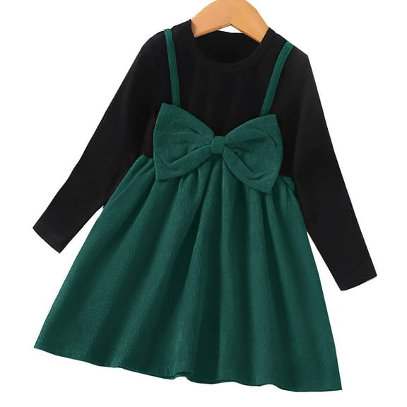 Generic Toddler Girls Corduroy Suspender Dress Long Sleeve Cute Bow Color Block Sweater Fall Winter Outfits for 2-8 Years