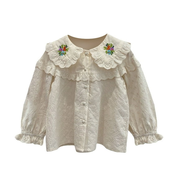 Generic Toddler Girls Shirts Lace Long Sleeve Round Neck Floral Embroidery Pattern Summer Solid Color Casual Girl Tops