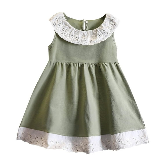 Generic Toddler Girls Summer Dress Casual Cotton Peter Pan Collar Eyelet Lace Sleeveless Ruffle Sundress for 0-10 Years