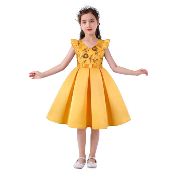 Generic Toddler Gowns Kids Girls Prints Sleeveless Party Court Style Dress Princess Clothes for Fashion Casual Holiday Birthday Gown(2-3 Years,Yellow)