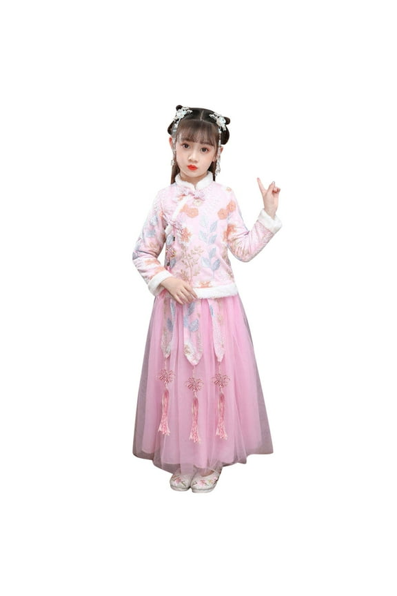 Toddler Kids Baby Children Fairy Hanfu Lined Warm Coat Jacket Tops For Chinese New Year Princess Tulle Skirts Embroidery Tang Suit Performance