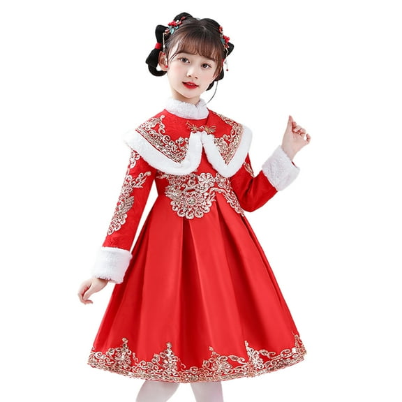 Generic Toddler Kids Baby Girls Children Fairy Hanfu Dresses For Chinese Calendar New Year Quilted Lined Warm Princess Dresses Embroidery Tang Suit Performance