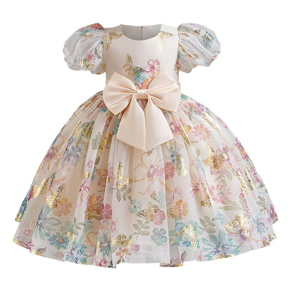 Generic Toddler Night Gown Child Girls Short Sleeve Pageant Dress Birthday Party Kids Floral Prints Dress for Wedding Party Evening Formal Dance Gowns (12-18 Months,Beige)