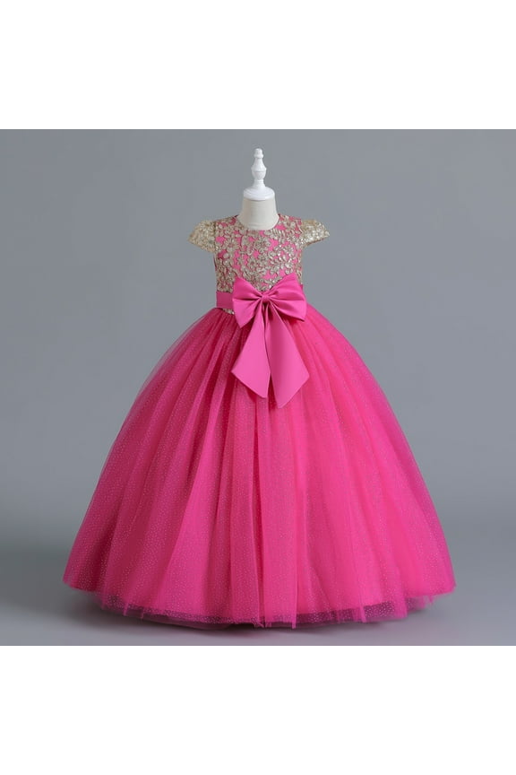 Toddler Night Gown Toddlers Kids Girl Dress Summer Sleeveless Bowknot Flower Princess Catwalk Performance Dresses for Wedding Birthday Holiday Party Gowns(6-7 Years,Hot Pink)