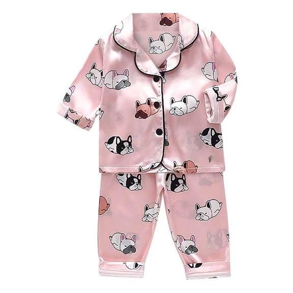 Toddler Baby Boys Girls Pajamas Set Cartoon Button Down Shirt Tops Long Pants Silk Pajamas Sleepwear Outfits Loungewear Set Kids Pajamas Set