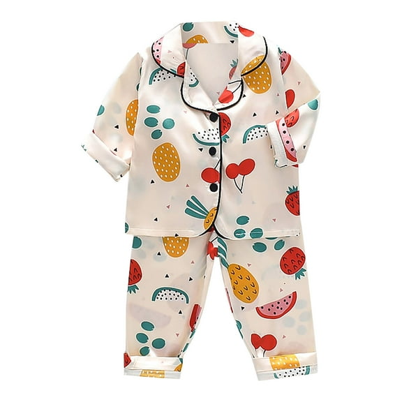 Generic Toddler Kids Baby Boys Girls Satin Cartoon Button Down Shirt Tops   Long Pants Silk Pajamas Sleepwear Outfits Loungewear Set Kids Christmas Nightwear Set With Cartoon Print