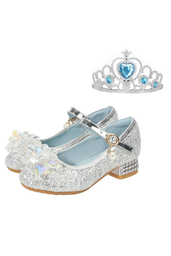 Toddler Shoes Little Kid Girls Dress Pumps Glitter Sequins Princess Flower Low Heels Show Dance Shoes Rhinestone Sandals for Wedding Party School Princess Dress Shoes (4 Years,Grey)