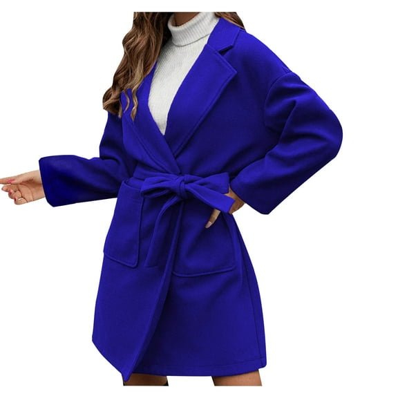 Generic Trench Coats for Women Short Style Belt Lapel Peacoat Open Front Long Sleeve Lapel Baggy Windbreaker with Pockets