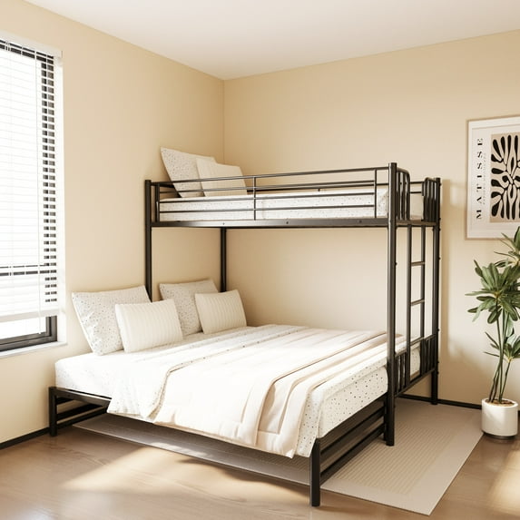 Generic Twin Metal Pull-Out Bunk Bed with Guardrail and Built-In Ladder, Space-Saving Convertible Frame for Bedroom, Black