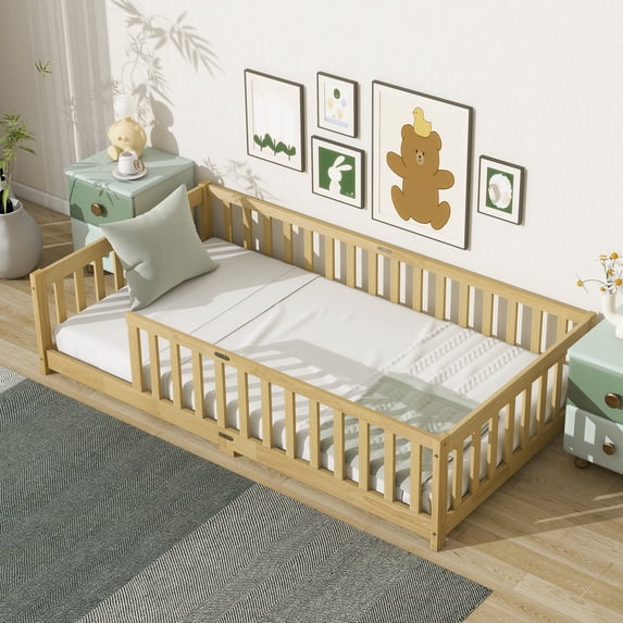 Generic Twin Size Floor Bed with Fence without Door, Rubber Wood Floor Bed with Safety Guardrails,Natural