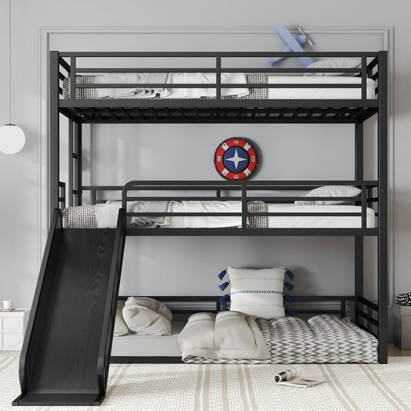 Generic Twin XL Triple Bunk Bed with Slide, 3-Tier Metal Bed Frame with Safety Guardrails & Noise-Reduced Design, Heavy-Duty Space-Saving Structure Shared Rooms, Dorms, Black