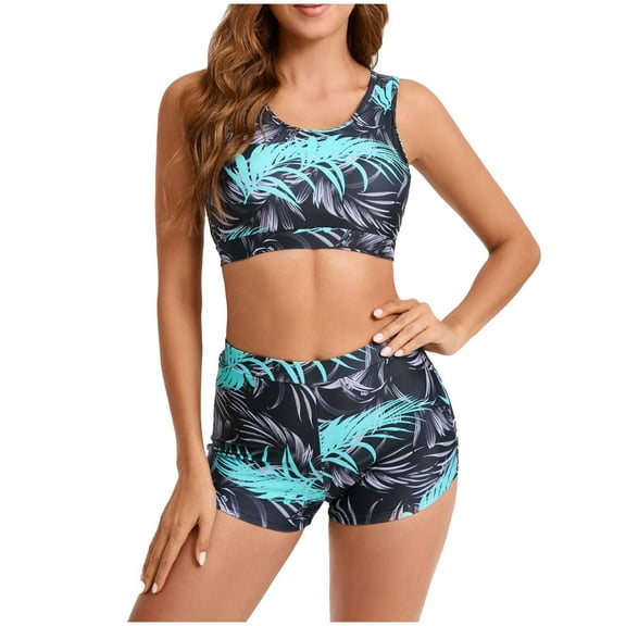 Generic Two Piece Swimsuits for Women Floral Print Racerback Crop Bathing Suit Top with Boyshorts Sporty Swimwear