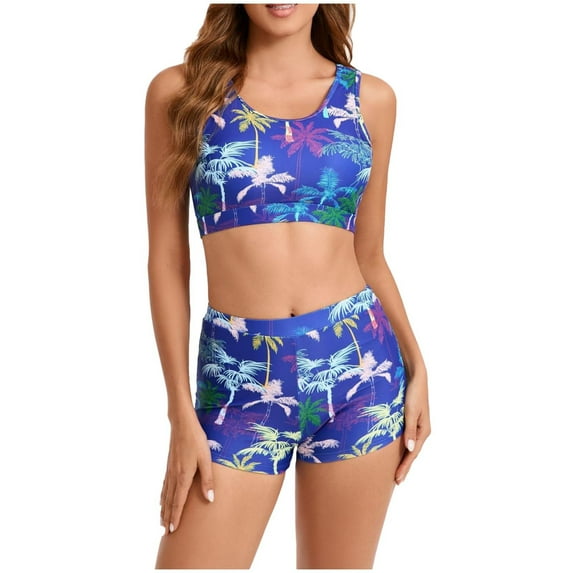 Generic Two Piece Swimsuits for Women Floral Print Racerback Crop Bathing Suit Top with Boyshorts Sporty Swimwear
