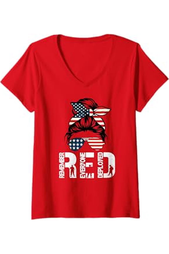 Generic Two Sided Print Red Friday Military Support Womens V-Neck T-Shirt Red