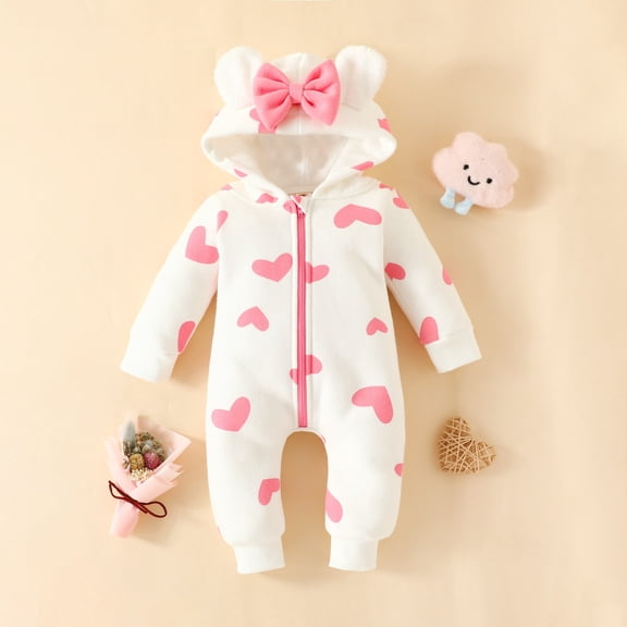 Generic Unisex Baby Toddler Bow Hooded Romper Fit Footed Long Sleeve Zipper Bow Playwear Pajamas Clothes Gifts for Halloween Thanksgiving Day Christmas （0-3 Months Pink）