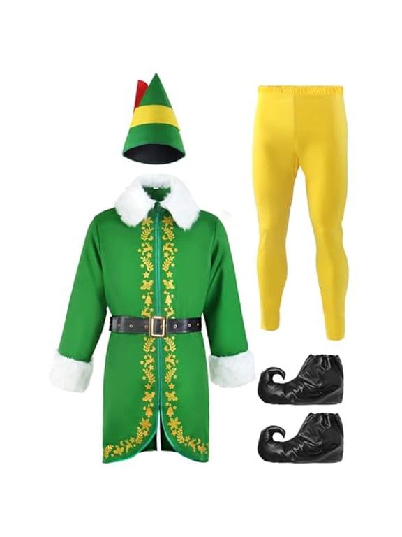 Unisex Elf Men Womens Buddy The Elf C_ostume Outfits 4 Pieces Set for Party Performance (Green,M)