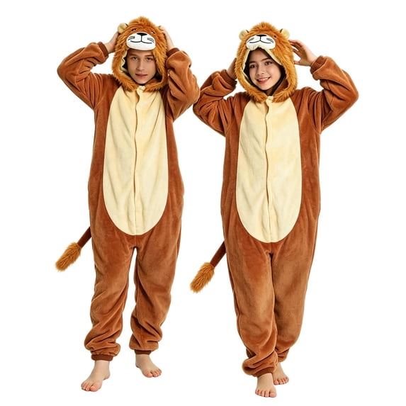 Generic Unisex Kids Lion Hooded Jumpsuit, Cozy Flannel Animal Onesie, Winter Party Playwear for Boys Girls