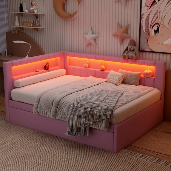 Generic Upholstered Full Size Platform Bed with USB Ports and LED Belt, With Trundle, Pink