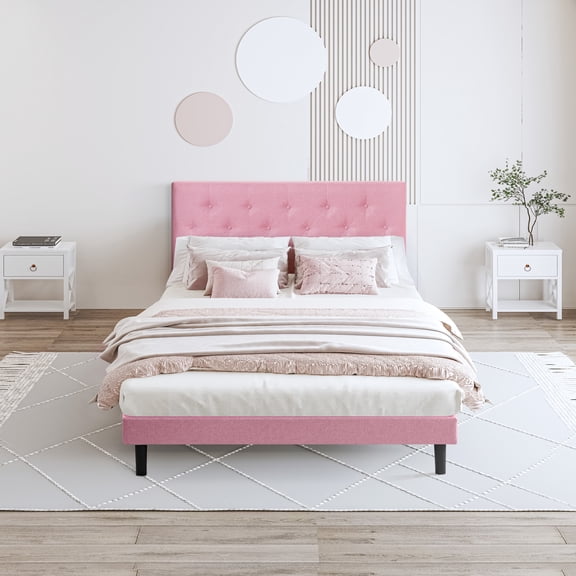 Generic Upholstered Platform Bed Frame - Pink Linen Headboard - Full Size