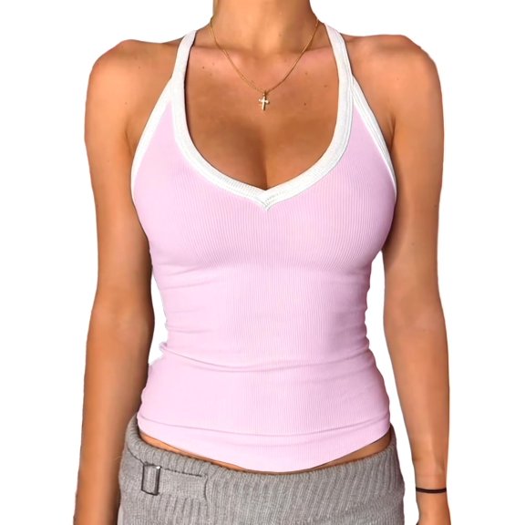 Generic V Neck Racer Back Tank Top for Women Padded Ribbed Long Tank Fitted Basic Cami Tops