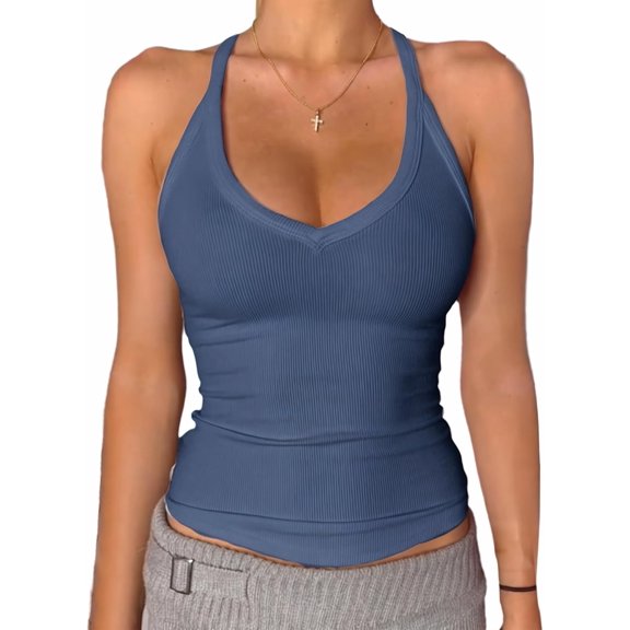 Generic V Neck Racer Back Tank Top for Women Padded Ribbed Long Tank Fitted Basic Cami Tops