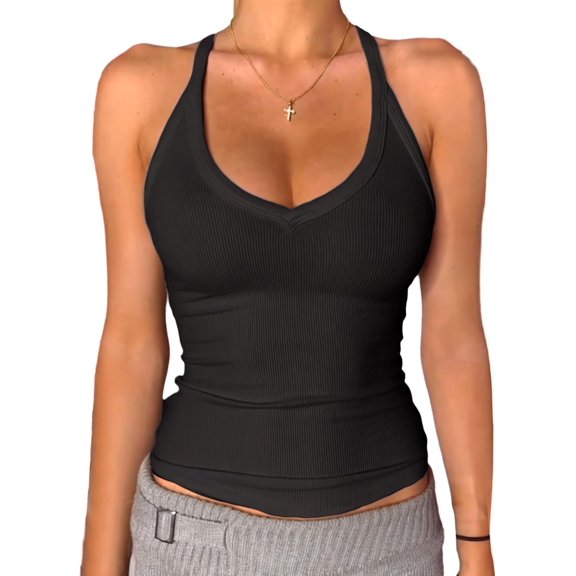 Generic V Neck Racer Back Tank Top for Women Padded Ribbed Long Tank Fitted Basic Cami Tops