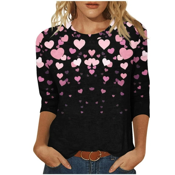 Generic Valentine Blouses for Women Round Neck Blouses Loose Fit Tops Heart Print Pullover Cute Tops Fashion Shirt