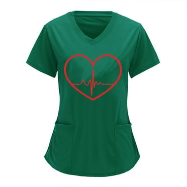 Generic Valentines Scrub Tops Women Short Sleeve Vneck Love Heart Printed Nurse Working Uniforms Holiday Pocketed Tshirt