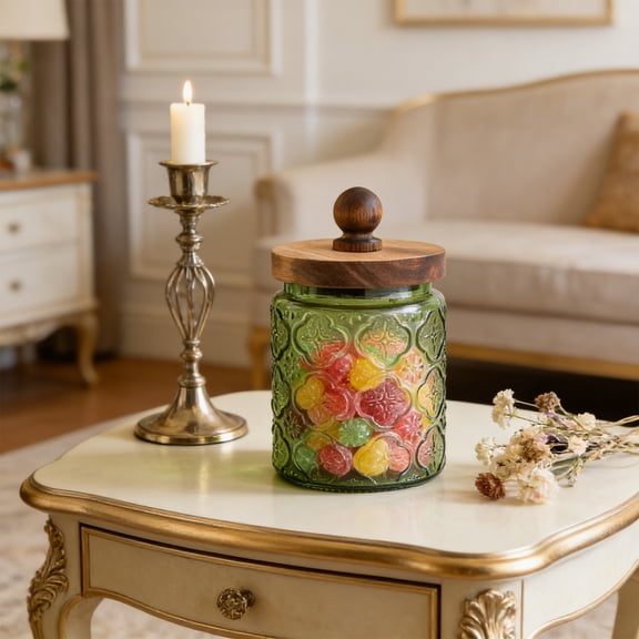 Generic Vintage Glass Mason Jar with Solid Wood Lid - Decorative Storage Canister for Tea, Coffee, Cookies, Candy, Bath Salts, Laundry Detergent - Kitchen & Bathroom Organizer