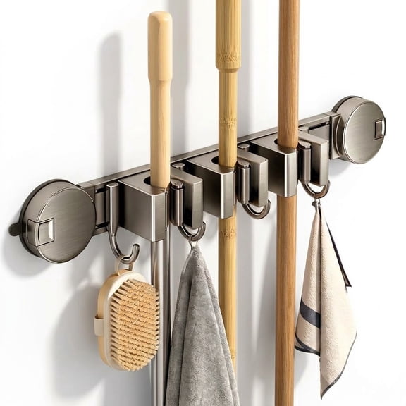 Suction Cup No Drill Mop Broom Holder, Gunmetal Gray Wall Mount Tool Organizer with 3 Grippers 4 Hooks for Kitchen Garage Laundry Garden