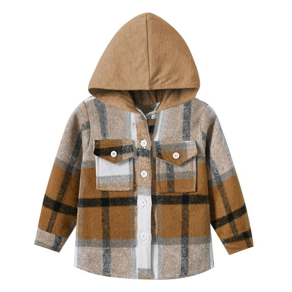 Toddler Baby Boys Plaid Jacket Shirt Down Shirts Coat Tops Spring Button With Pocket Hooded Long Sleeve Outer Oututwear