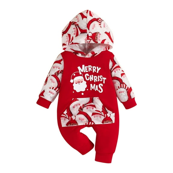 Generic Baby Long Sleeve Pants Romper Baby Girl Romper Long Sleeve Hooded Santa Letter Print Pocket Crawl Suit Romper Jumpsuit Clothes Baby Snowman Print Jumpsuit