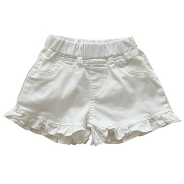 Generic Walmart Deals Kids Pants Toddler Girls Solid Color Elastic Waistband Ruffle Hem Denim Flared Shorts Summer Beach Wear Short Pants(3-4 Years,White)