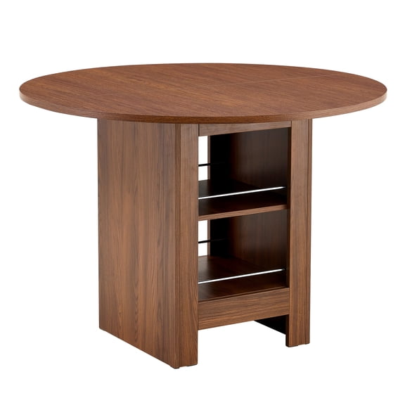 Generic Walnut MDF Dining Table with Double Layer Storage Shelves, 42" Round Kitchen Table Seats 2-4