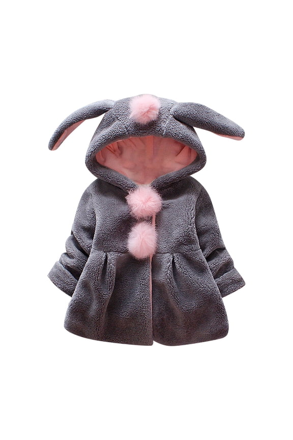 Girls Winter Plush Long Sleeve Rabbit Ears Hooded Pure Colour Hairball Decoration Button Jacket Plush Coat Little Girl Warm Outerwear Clothes Kids' Windproof Hooded Cotton Jacket