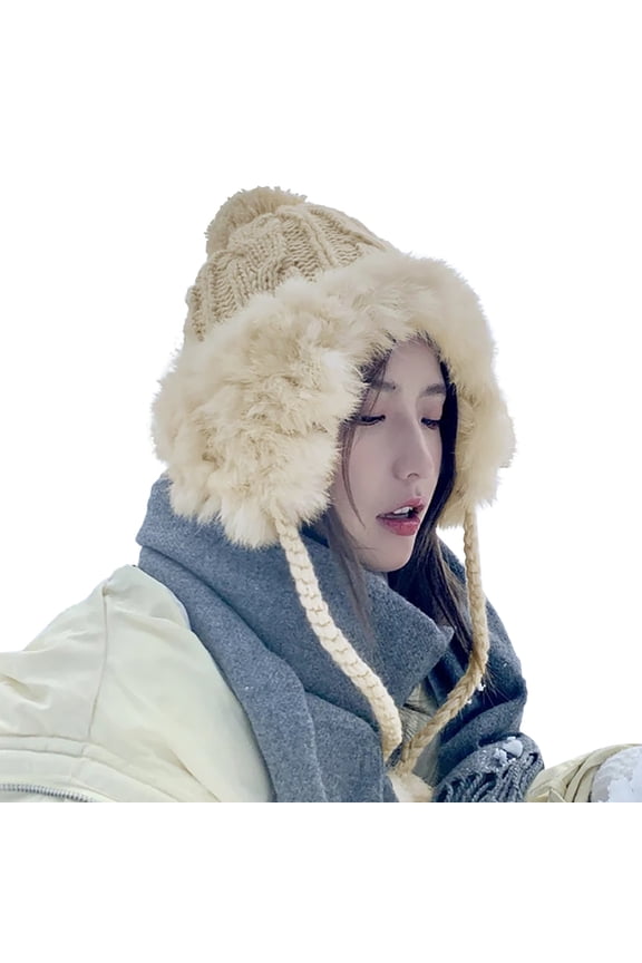 Generic Warm Winter Ear Cover Beanie For Women Stylish Plush Earflap Hat For Women Women's Foldable Handmade Ear Warm Wool Cap Cute Outdoor Ear Cap Knitted Hat Unisex Cable Knit Winter Hat