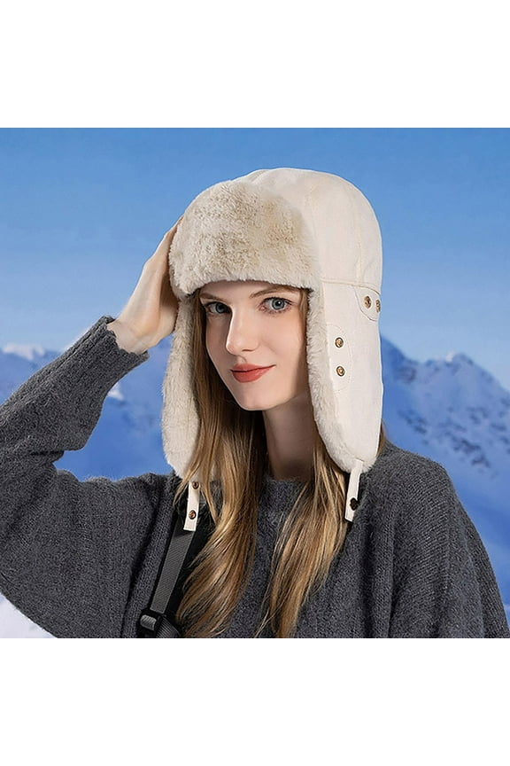 Generic Warm Winter Ear Cover Beanie For Women Women'S Thick Fleece-Lined Trapper Hat Hood Ski Over Windproof Plush Hood Fuzzy Ski Winter Adjustable Women Men Gender-Neutral Aran Knit Wool Beanie