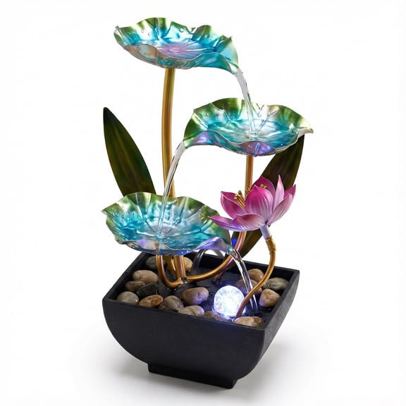 Generic Waterfall Pendulum with Lights Small Fountain Indoor Decompression Office Living Room Home Decor Art Country Style Resin Ornaments Lotus Flower