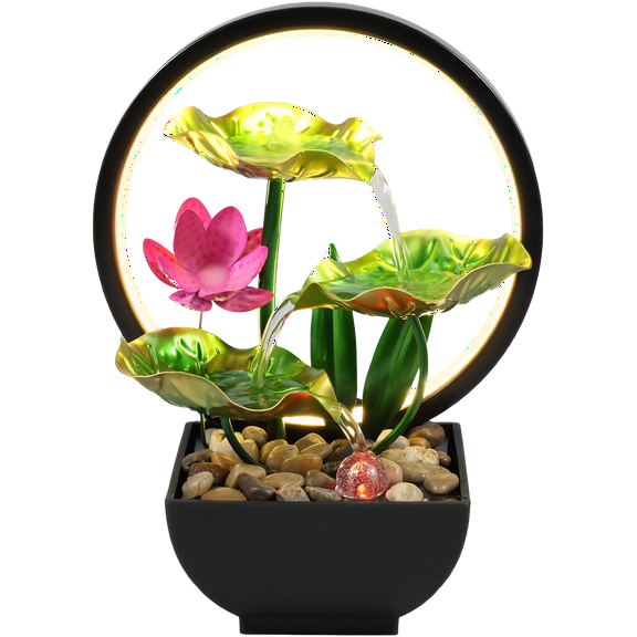 Generic Waterfall Pendulum with Lights Small Fountain Indoor Decompression Office Living Room Home Decor Art Country Style Resin Ornaments Lotus Flower