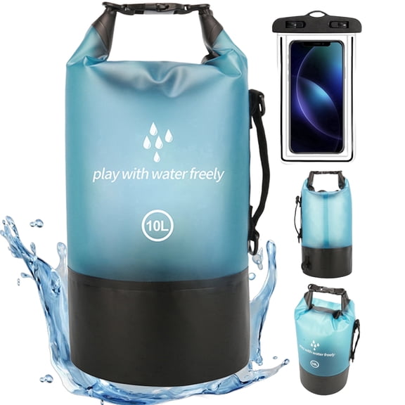 Generic Waterproof Dry Bag with Phone Pouch, Semi-Transparent PVC Floating Sack for Beach & Kayaking, 5L / 10L Single Strap Set, Aqua Blue