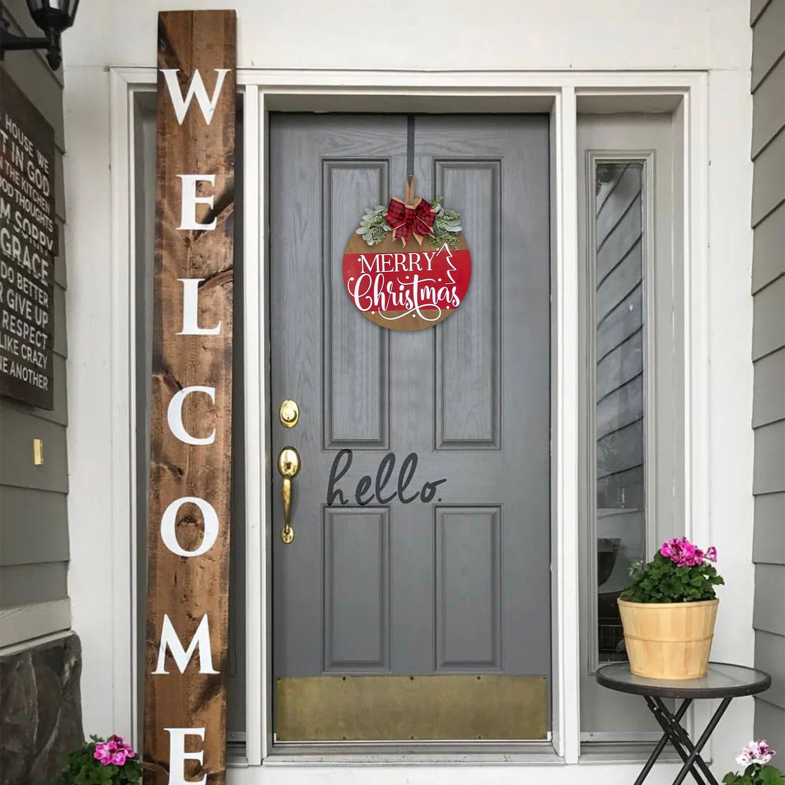HOURIA 3D Merry Christmas Door Sign – Buffalo Plaid Wreath With Snowflakes, 11.5 Inches, Indoor/Outdoor