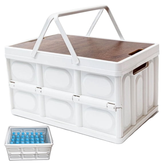 Collapsible Storage Bin 30L Folding Crate with Wood Lid and Handles for Camping and Car Trunk, White