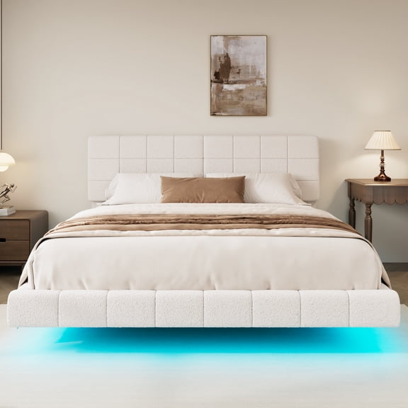 Generic White Boucle Floating Bed with Light,King