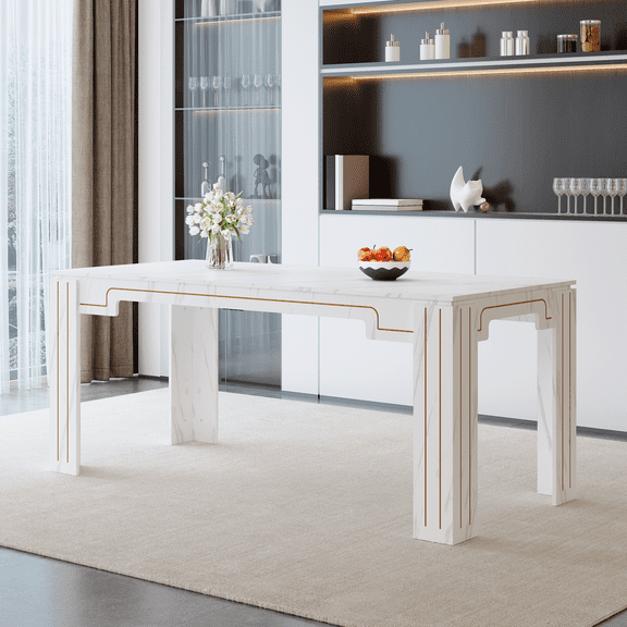 Generic White Marble Top Kitchen Table, 71" Rectangular Dinner Table with Grooved Legs, 1 pack