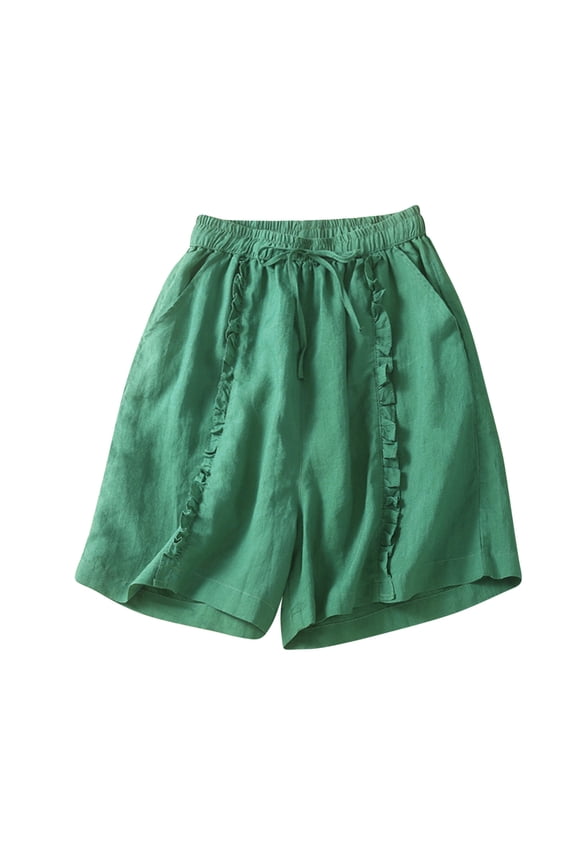 Wide Leg Linen Shorts for Women Elastic High Waisted Pleated Casual Loose Bermuda Shorts