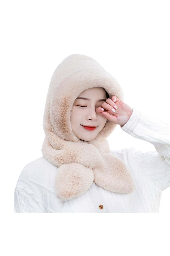 Winter Faux Fur Hooded Hat Scarf for Women One Piece Warm Fluffy Beanie Neck Warmer Windproof Ski Cap