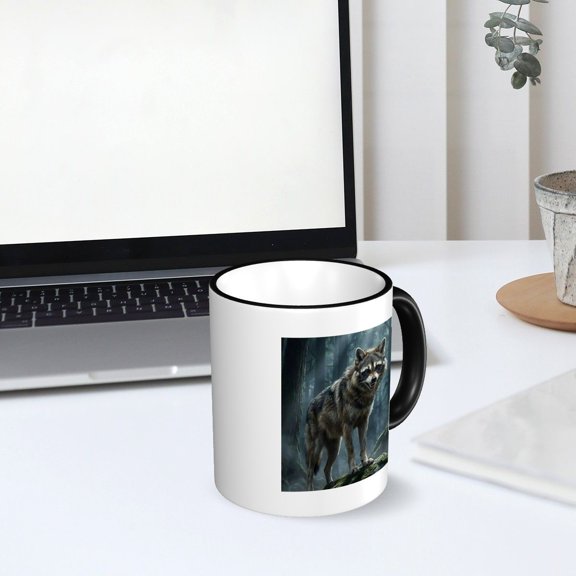 Generic, Wolf Raccoon Hybrid Fantasy Forest Ceramic Mug 11 oz Gray Brown Black