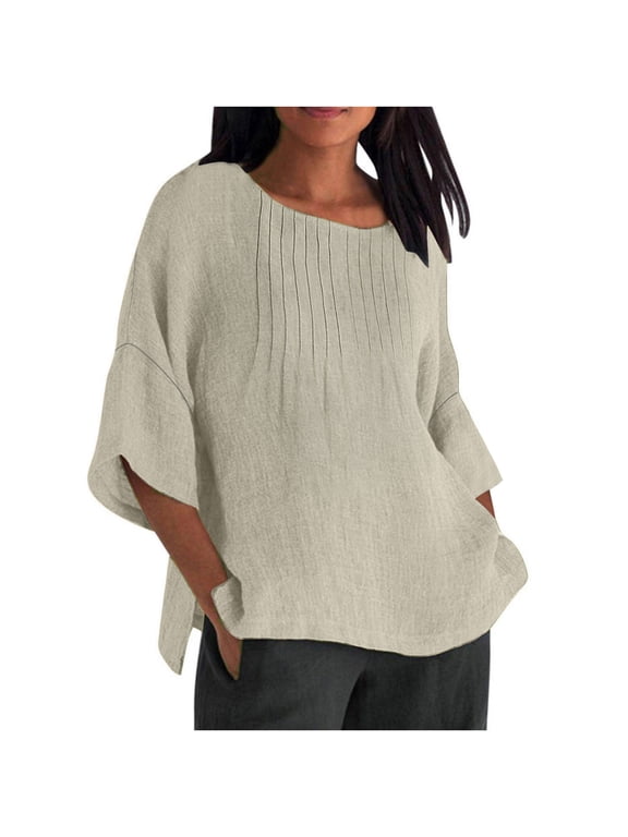 Women 3/4 Sleeve Plus Size Tops Gauze Split Side Casual Dressy Blouses Crew Neck Loose Tunic Tops
