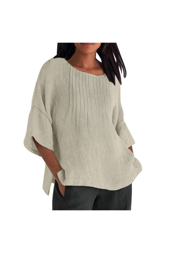 Women 3/4 Sleeve Plus Size Tops Gauze Split Side Casual Dressy Blouses Crew Neck Loose Tunic Tops