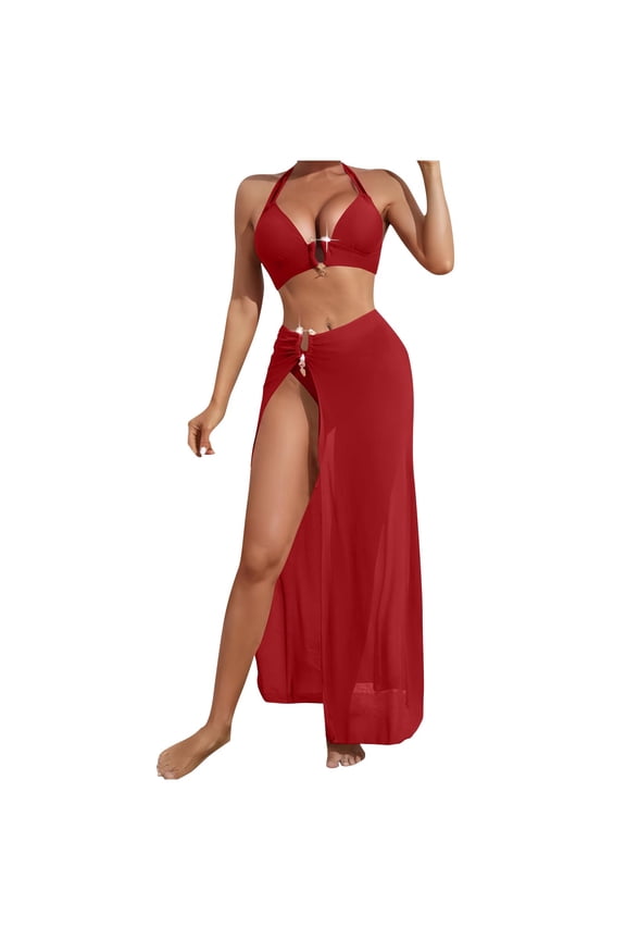 Women 3 Piece Swimsuit Sexy Halter Bikini Sets with Beach Coverup High Slit Maxi Skirt Beach Vacation Swimwear